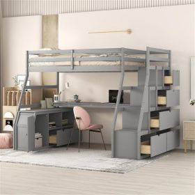 Twin Size Loft Bed with 7 Drawers 2 Shelves and Desk - Gray