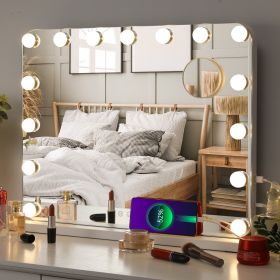 AOOU Vanity Mirror with Light and Bluetooth, 32''x24'' Makeup Mirror w/20 Dimmable Bulbs, 3 Color Lights Touch Control with USB (size: Other)
